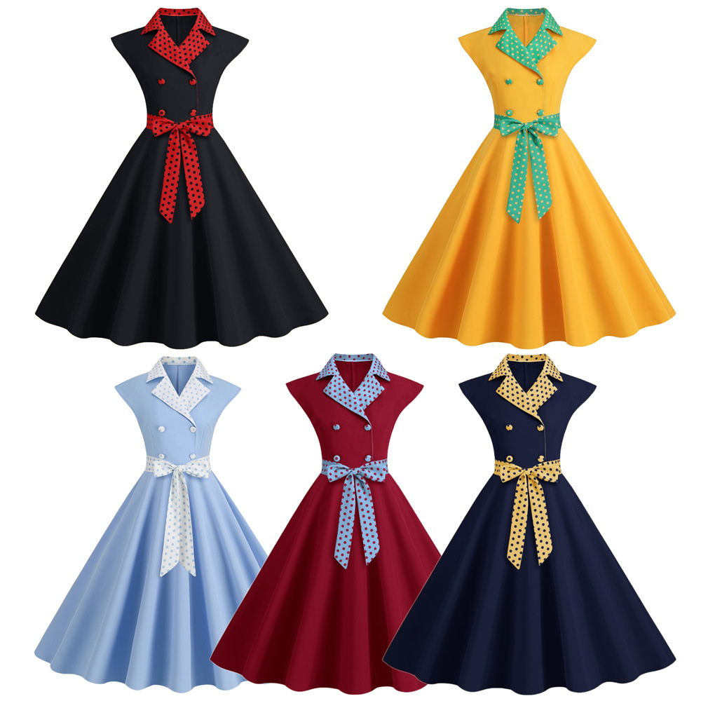Women'S Fashion Of The 50S - Women Elegtant Polka Dot Printed Vintage