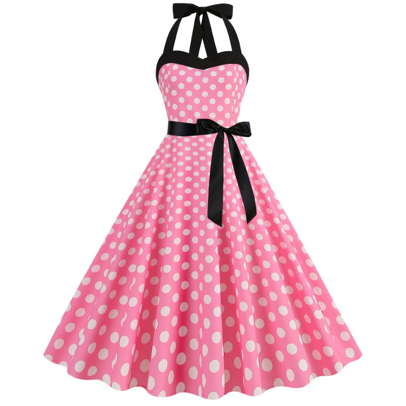 Women'S Fashion Of The 50S - Elegant Women Polka Dot Dress Summer