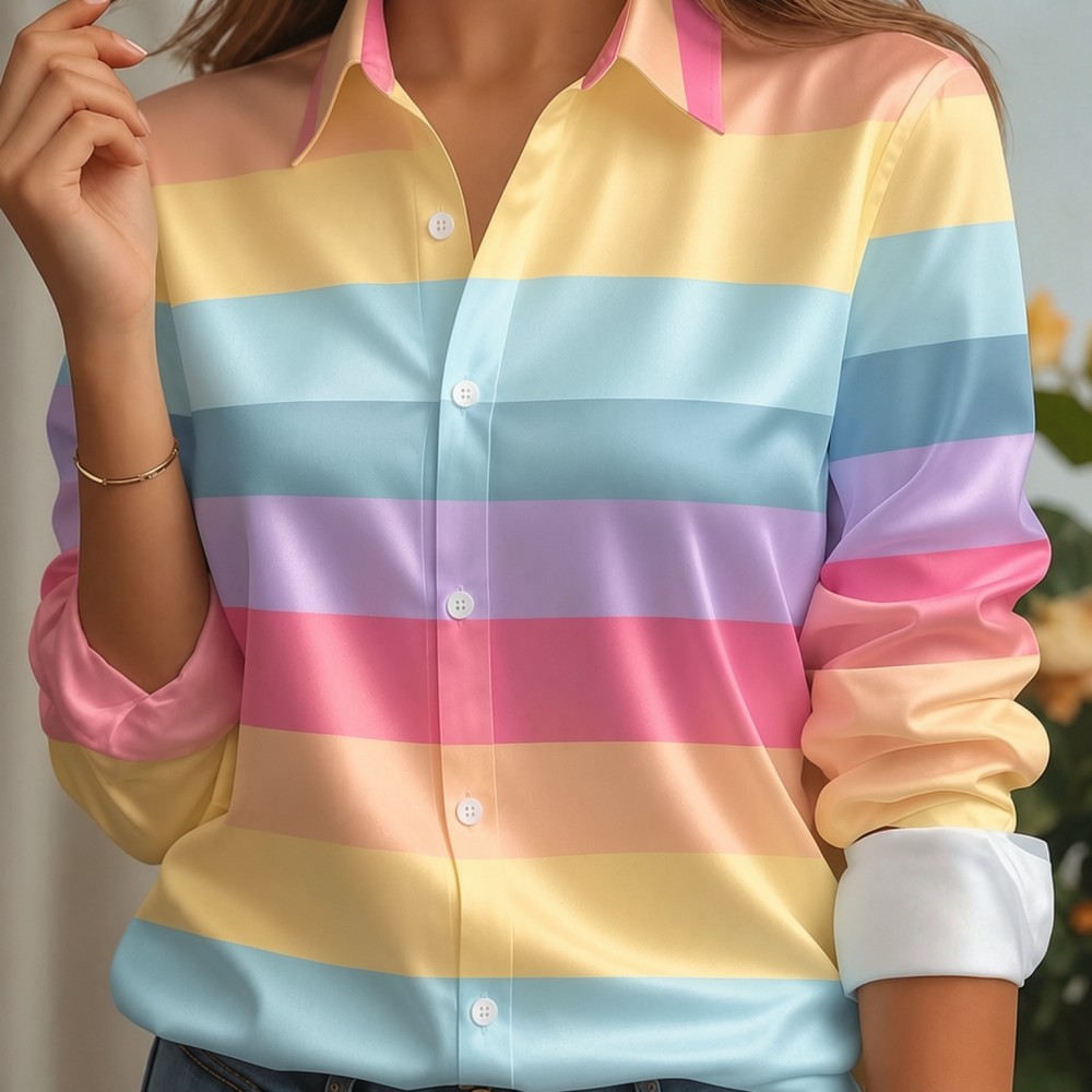 Women'S Fashion Trends - Women Satin Lapel Collar Shirt Pastel