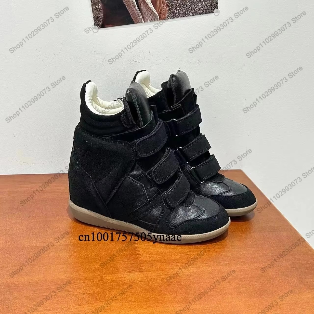 Women'S Fashion Leather Boots - Women Hidden Wedge Heel High‑Top Sneakers