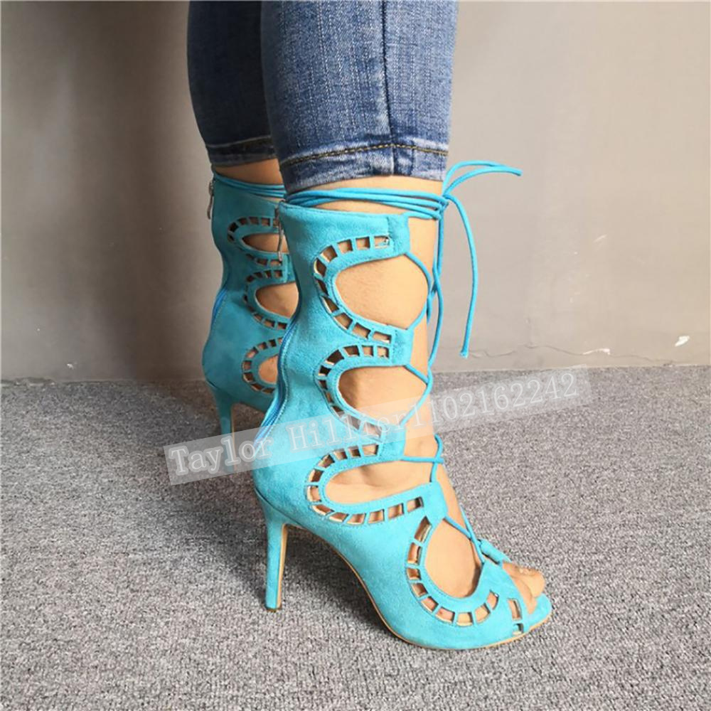 Blue Open-Toe Criss-Cross Stra - Women'S Fashion Leather Boots ulasan dan harga