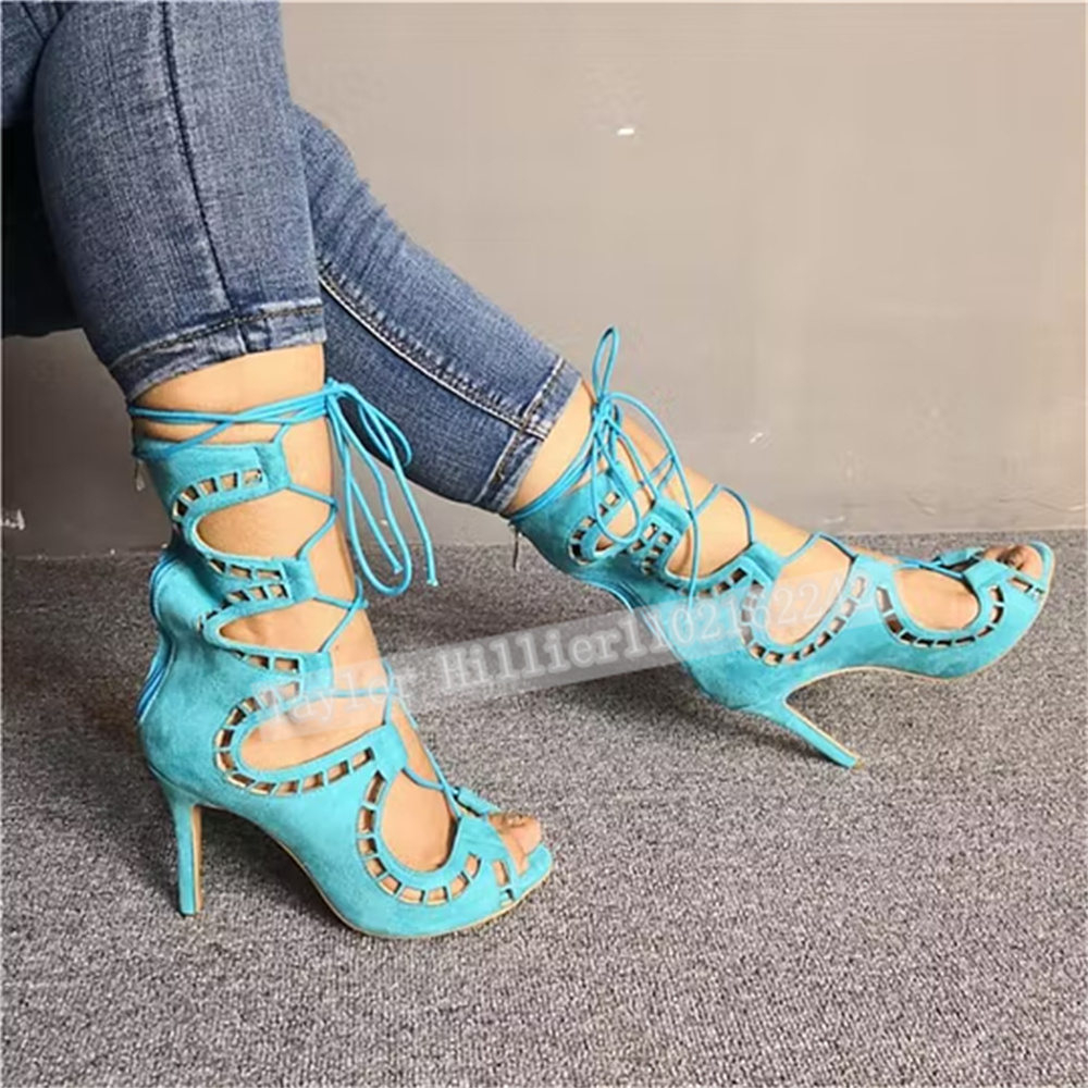 Blue Open-Toe Criss-Cross Stra - Women'S Fashion Leather Boots ulasan dan harga