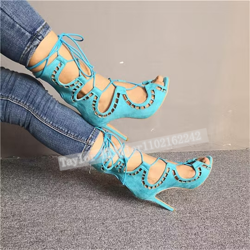 Blue Open-Toe Criss-Cross Stra - Women'S Fashion Leather Boots ulasan dan harga