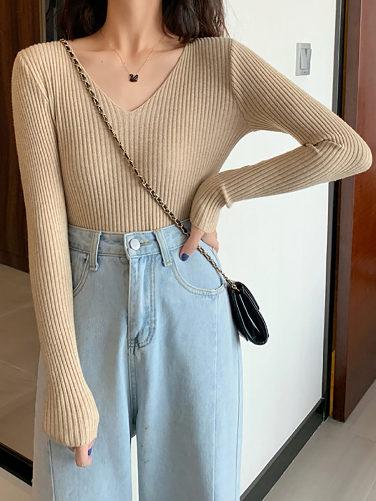 2026 Basic B-neck Solid Autumn - Ribbed Knit Sweater ulasan dan harga