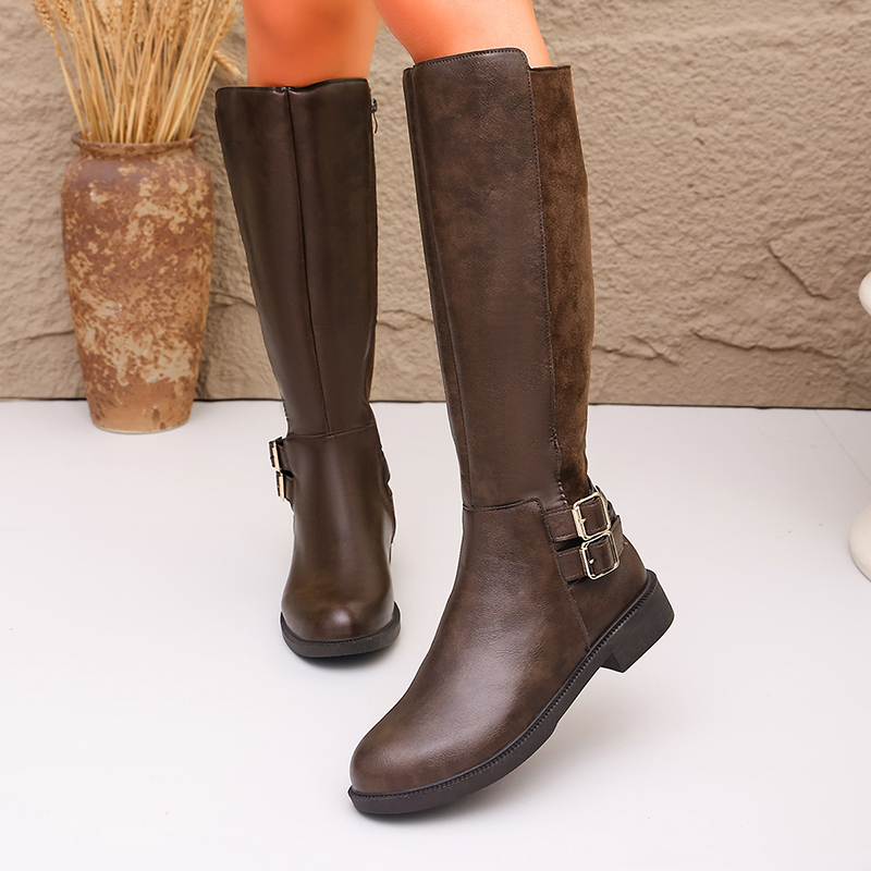 Fashion Buckle Brown Pu Leathe - Women'S Fashion Leather Boots ulasan dan harga