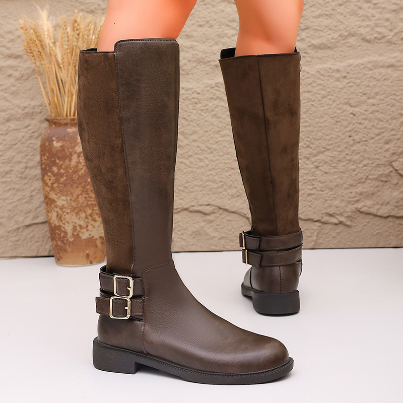 Fashion Buckle Brown Pu Leathe - Women'S Fashion Leather Boots ulasan dan harga