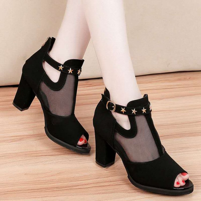Mesh Peep Toe Block High Heels - Women'S Fashion Korea ulasan dan harga