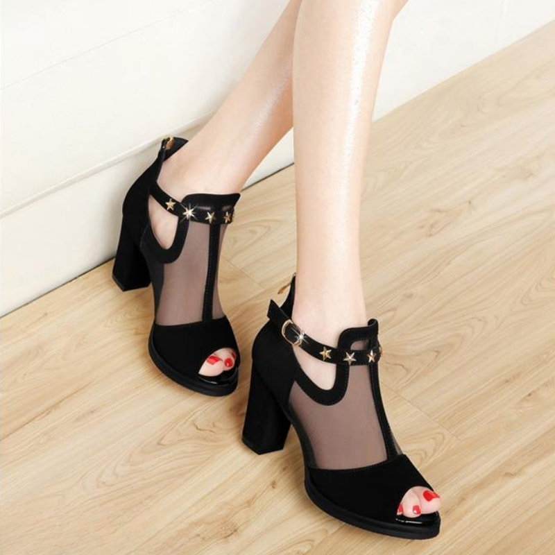 Mesh Peep Toe Block High Heels - Women'S Fashion Korea ulasan dan harga