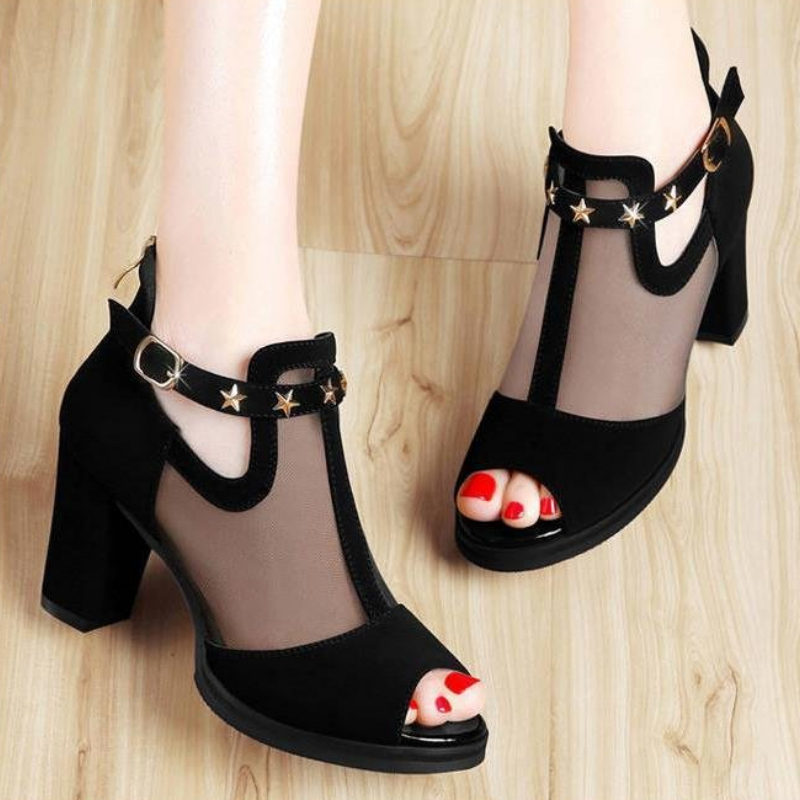 Mesh Peep Toe Block High Heels - Women'S Fashion Korea ulasan dan harga