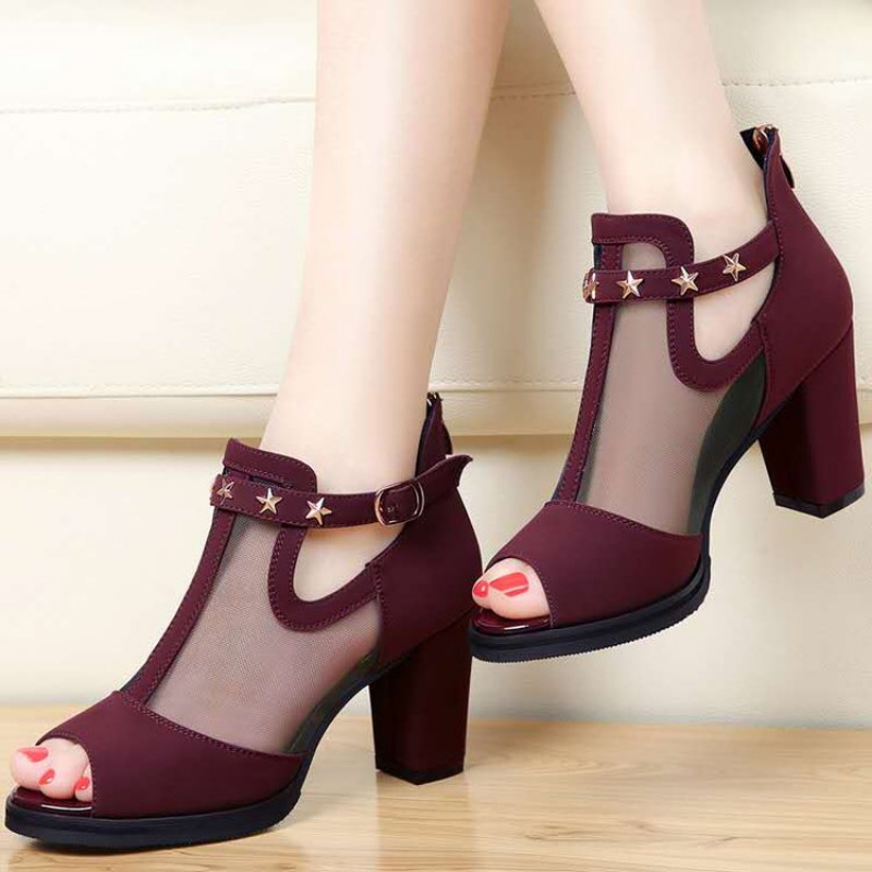 Mesh Peep Toe Block High Heels - Women'S Fashion Korea ulasan dan harga