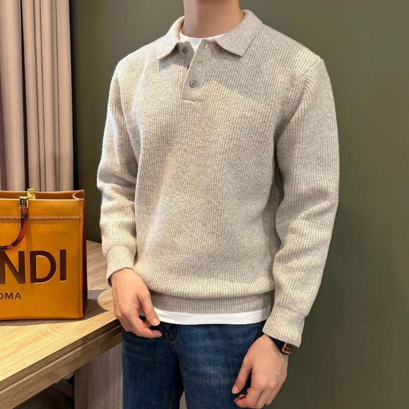 Men Lapel Collar Single Button - Ribbed Knit Sweater ulasan dan harga