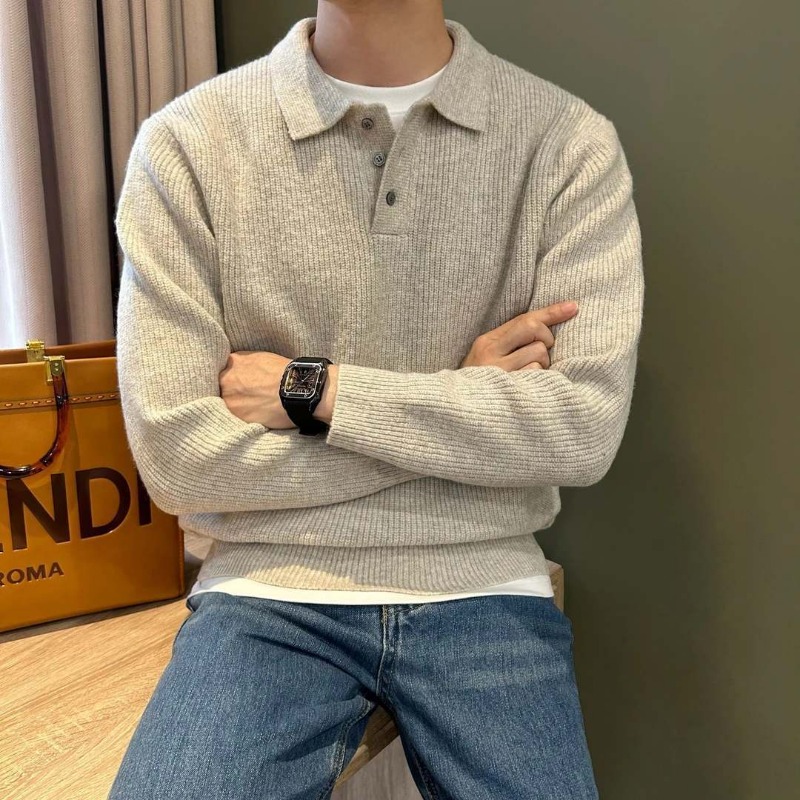 Men Lapel Collar Single Button - Ribbed Knit Sweater ulasan dan harga