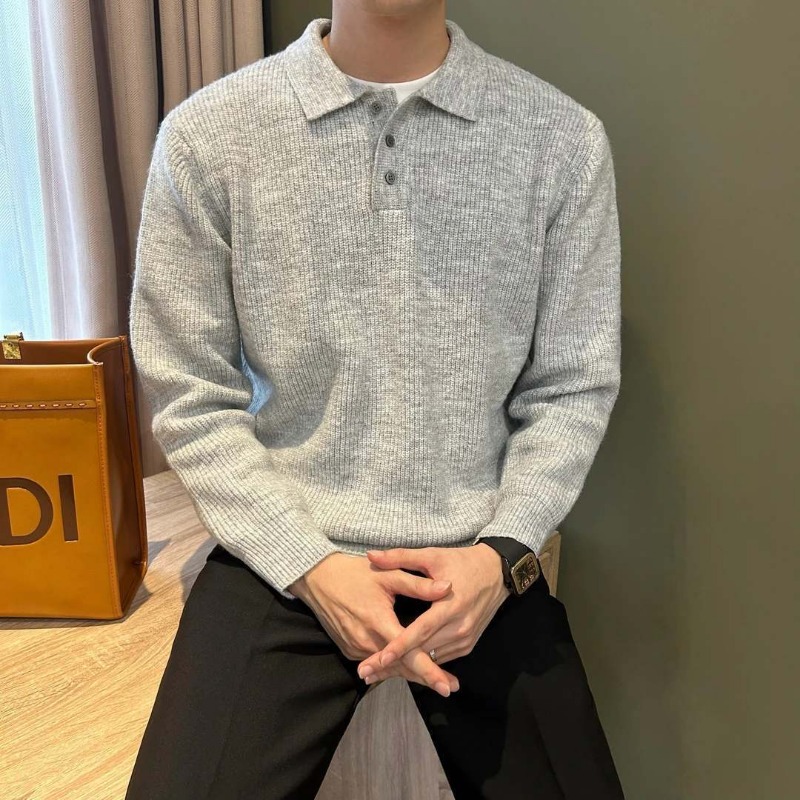 Men Lapel Collar Single Button - Ribbed Knit Sweater ulasan dan harga